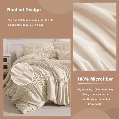 Masaca King Size Comforter Set,Shabby Boho Chic Bedding Wheat Ruched Ruffle King Comforter Vintage Rustic French Country Farmhouse Bedding Set Ultra Soft