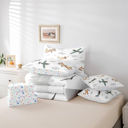 Erosebridal Cartoon Aircraft Comforter Set with Sheets Queen, Airplane Propeller Plane 7 Pcs Bedding Set for Boys Kids Child Adults Teens Bedroom, Flying Birds Animals Bed in A Bag, Cloud Bed Sets