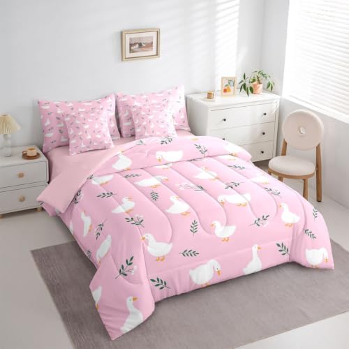 Erosebridal Cute Silly Goose Twin Bedding Set Girls Cartoon Ducks 7 Pieces Comforter Set with Sheets for Kids Teens Funny Animals Bed in a Bag Pink Farmhouse Floral Bed Sets