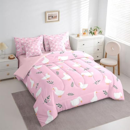 Erosebridal Cute Silly Goose Twin Bedding Set Girls Cartoon Ducks 7 Pieces Comforter Set with Sheets for Kids Teens Funny Animals Bed in a Bag Pink Farmhouse Floral Bed Sets