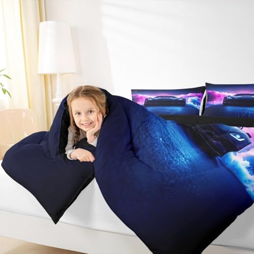 Erosebridal Boys Race Car Queen Size Bedding Set,Extreme Sports Car Bed for Boys Kids,Purple Black Kids Racing Car Comforter,Cool Speed Luxury Car Decor Quilt Set Soft for All Season Bedroom Decor