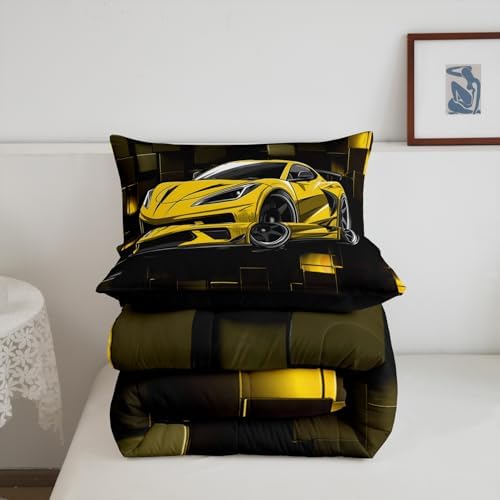 Erosebridal Race Car Bedding Set Queen Size Yellow Racing Car Comforter Set for Kids Boys Teens 3 Pieces 3D Square Bedding Comforter Sets Speed Sports Car Geometric Down Comforter