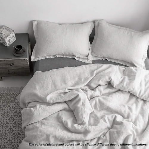 Simple&Opulence 100% Linen Duvet Cover Set with Embroidery Border Washed - 2 Pieces (1 Duvet Cover & 1 Pillow Sham) with Button Closure Soft Breathable Farmhouse - Light Grey, Twin Size