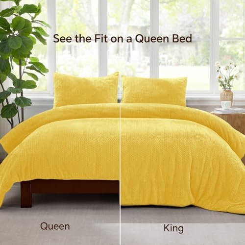 ChiXpace Fleece King Size Comforter Set Yellow, Fluffy Bed Set 3 Pieces