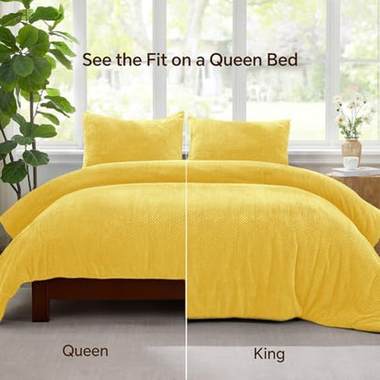 ChiXpace Fleece King Size Comforter Set Yellow, Fluffy Bed Set 3 Pieces
