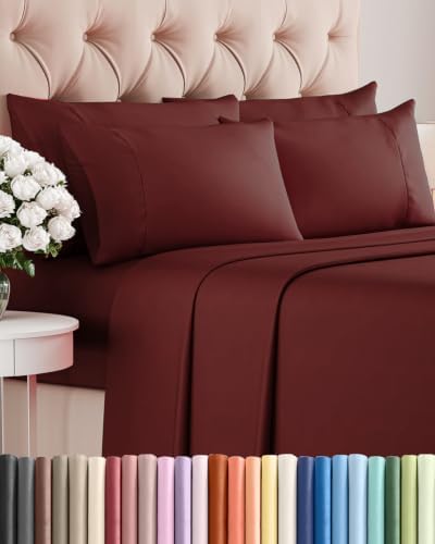 King 6 Piece Bed Sheet Set - Comfy, Breathable & Cooling Sheets - Oxblood