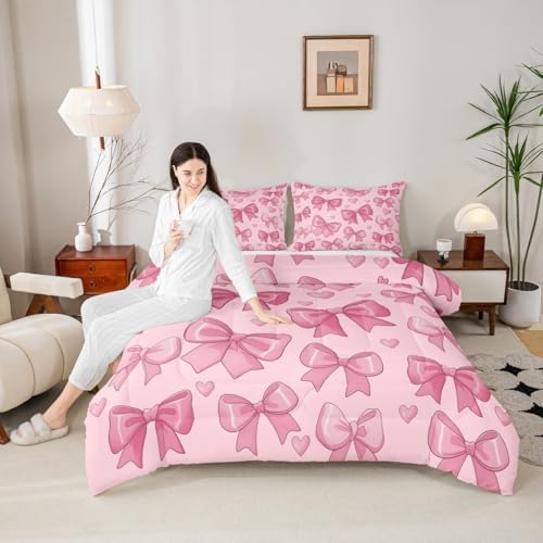 jejeloiu Pink Bow Comforter Set All Season Bowknot Bedding Set with 1 Pillow Cases Bow-tie Microfiber Kids Toddler Bedclothes Colourful Bowknot Bedroom Decor Duvet Quilt Breathable Soft Lightweight