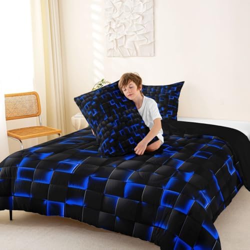 Erosebridal Neon Black Blue Boys Comforter Set Twin Size Geometric Checkered Kids Bedding Set Teen Men Gaming Room Decor,Abstract Ombre Plaid Comforter Grids Quilt Duvet
