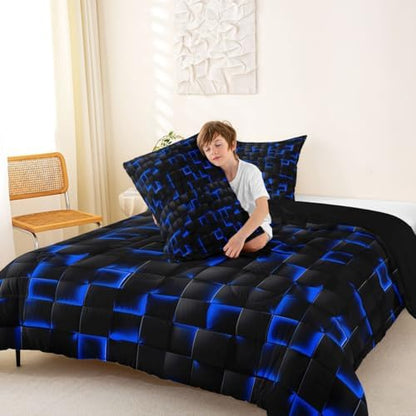 Erosebridal Neon Black Blue Boys Comforter Set Twin Size Geometric Checkered Kids Bedding Set Teen Men Gaming Room Decor,Abstract Ombre Plaid Comforter Grids Quilt Duvet