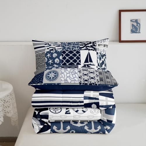 Castle Fairy Nautical Themed Checkered Bedding Comforter Twin Size Ocean Adventure Comforter Set for Kids Boys Teens,Navy Blue Rudder and Boat Anchor Quilted Duvet Patchwork Stripes Duvet Insert 2pcs