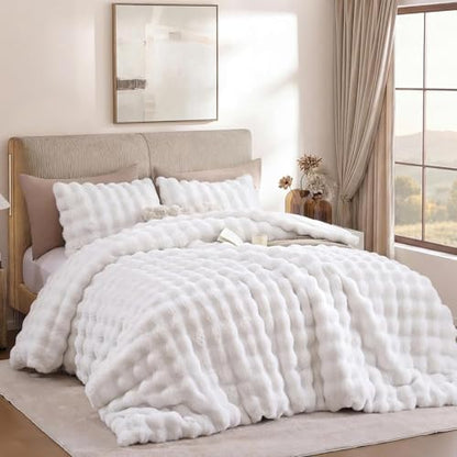 YIKUSH Queen Faux Fur Soft Comforter Set, Fluffy White Rabbit Fur Comforter