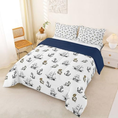 Castle Fairy Anchor Nautical Compass Comforter Set Queen Size Ships Sailboat Bedding Set 3pcs,Retro Sketch Style for Kids Boys Girls Room Decor,Ocean Adventure Piece All Season with 2 Pillowcases