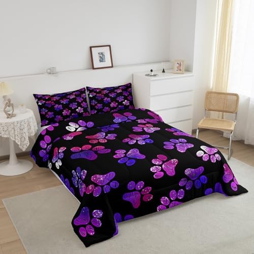 Manfei Dog Lover Comforter Set King Size, Watercolor Dog Paw Print Duvet Insert Animal Theme Bedding Set 3pcs for Kids Boys Girls Room Decor Luxury Polyester Black Quilted Duvet with 2 Pillowcases