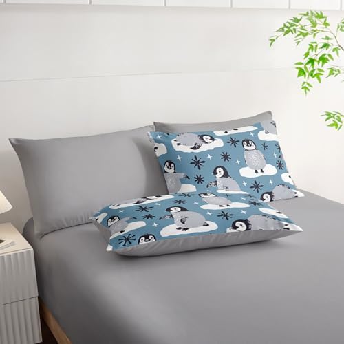 7Pcs Comforter Set Cartoon Penguin Black Snowflakes Printed Bedding Set with 1 Comforter,1 Flat Sheet,1 Fitted Sheet and 4 Pillowcases for Boys and Girls Bedroom All Season(Twin)