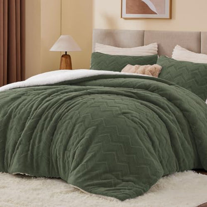 BEDELITE Fluffy Sherpa King Comforter Set,Dark Green