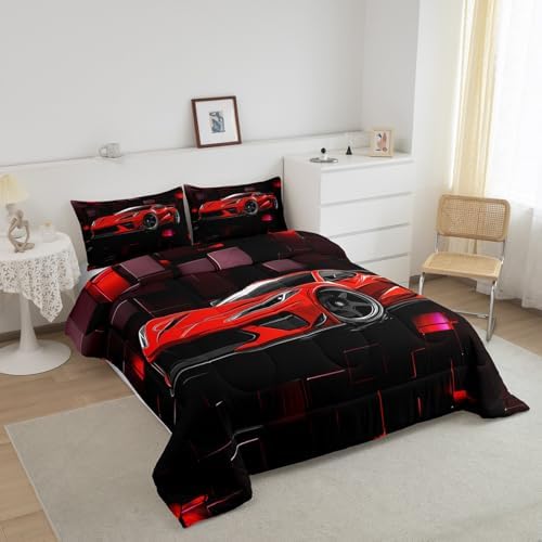 Erosebridal Racing Car Comforter Set Toddler Red Sports Car Bedding Set for Boys Speed Extreme Sports Theme Down Comforter Car Racing Quilt Black Red Geometric Square Duvet Insert 2Pcs Bedding Decor