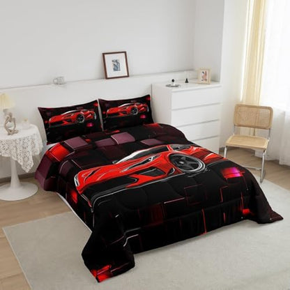 Erosebridal Racing Car Comforter Set Full Red Sports Car Bedding Set for Boys Speed Extreme Sports Theme Down Comforter Car Racing Quilt Black Red Geometric Square Duvet Insert 3Pcs Bedding Decor