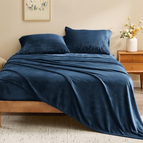 BEDELITE Flannel Sheets King Size, Navy, 4 Pieces