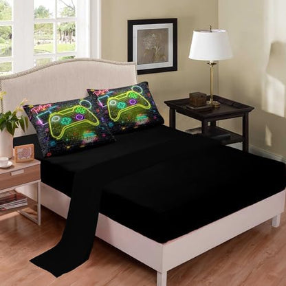 NINENINE Gaming Bedding 5PCS Queen Size Comforter Sets for Boys,Gaming Bedding Sets for Boys Black Comforter Sheet Set(1Comforter, 1Flat Sheet, 1Fitted Sheet, 2Pillowcases)…