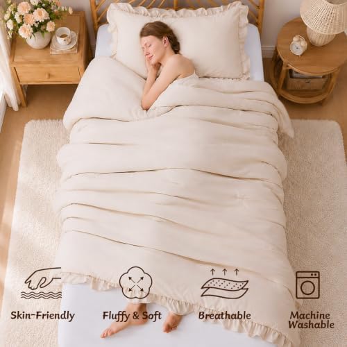 FUANNA Twin/Twin XL Comforter Set, Ruffle Bed Set, 2 PCS Bedding Set, Beige