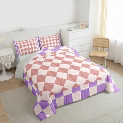 Feelyou Checkered Geometric Comforter Set All Season Pink Purple Plaid Bedding Set with 1 Pillow Cases Checkerboard Modern Aesthetic Kids Toddler Bedclothes Reversible Grey Bedroom Decor Duvet Quilt