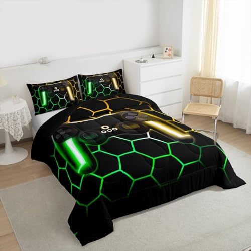 Erosebridal Gaming Bedding Sets for Boys Twin Gamer Comforter Sets with Glitter Honeycomb Printed,Neon Light Game Console Quilted Duvet,Geometric Honeycomb Diamond Down Alternative Comforter 2pcs