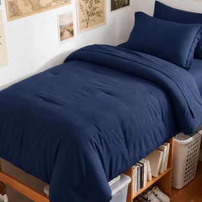 HIMEET Twin Comforter Sets, 5-Piece Point-Quilted Bed in a Bag, Navy Blue