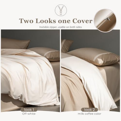 King Size Duvet Cover, 100% Egyptian Cotton,1600 Thread Count, Reversible Duvet Cover, Soft and Breathable Satin Bedding Set, All Seasons (Heather Milk Coffee, 104"x90")
