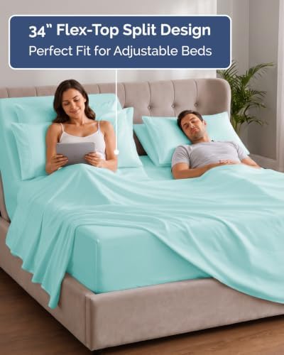 Extra Deep Flex Top Split Head King Sheet Set - 6pc Bed Sheets - Spa Blue