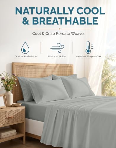 Casa Platino Bed Sheets Cal King – 100% Cotton Cal King Size Bed Sheet Set with 4 Pillowcases, Cool and Soft Percale Fabric, All-Season Comfort, Ultra Soft with 15" Deep Pocket Fitted Sheet – Grey