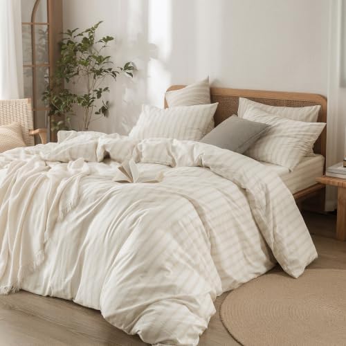 BESTOUCH Striped Cotton Duvet Cover Set Linen Feel Twin
