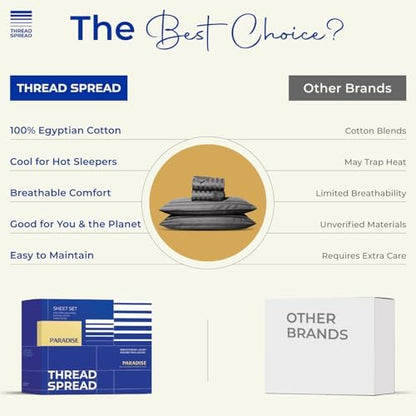 THREAD SPREAD California King Bed Sheets, Luxury 1000 Series Paradise Collection 100% Egyptian Cotton Damask Striped Cal King Sheets Set (4 PC, Dark Grey Stripe), 16" Deep Pocket Hotel Sheet Set