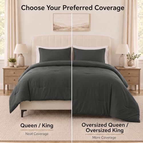 CozyLux Super King Plus Comforter Set, 3 Pieces Dark Grey Quilted Bedding