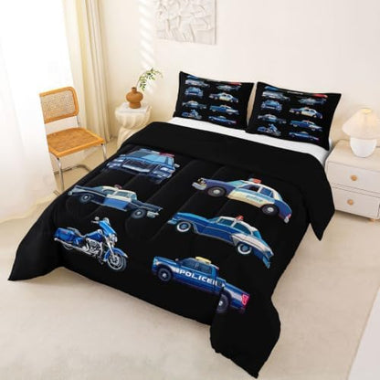 Feelyou Police Car Comforter Set Full Size Cartoon Car Bedding Set for Kids Boys Girls Policeman Vehicle Duvet Quilt Bedroom Decor Microfiber 3 Pcs with 2 Pillow Cases