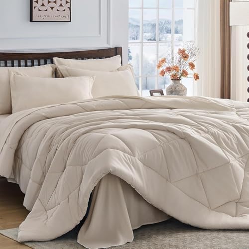 HEVUMYI 7-Piece Oversized King Comforter Set, Beige Bed in a Bag