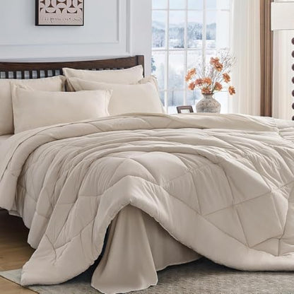 HEVUMYI 7-Piece Oversized King Comforter Set, Beige Bed in a Bag