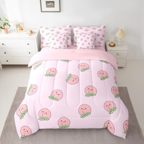 Erosebridal Cartoon King Comforter Set Pink Peach 7 Pieces Bedding Kids Kawaii Bed Set with Sheets Girl Lovely Cute Fruits Bed in A Bag Bedroom Decor