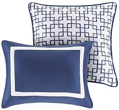 Madison Park Heritage Comforter Quilt Combo Set - Modern Luxury Design, All Season Down Alternative Bedding, Matching Shams, Decorative Pillows, King/Cal King(104"x92"), Color Block Navy 8 Piece