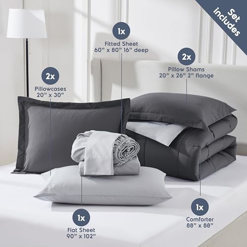 Nestl 9 Piece Queen Comforter Set – Dark Grey Reversible Bed in a Bag – Complete Queen Size Bedding Set with Sheets, Set of 2 Cooling Pillows, Pillowcases and Shams