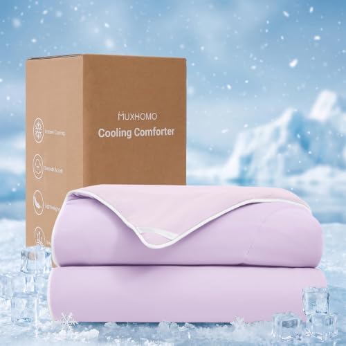 MUXHOMO Cooling Comforter Queen Size, Cooling Blanket for Hot Sleepers and Night Sweats, Lightweight Summer Comforter with Breathable Bamboo-Derived Rayon Fill, 90x90 Inches, Lavender & Light Purple