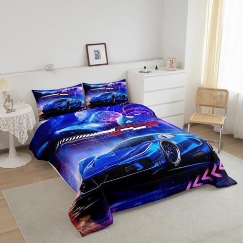 Feelyou Blue Race Car Bedding Set Toddler Size for Kids Boys Extreme Sports Car Comforter Set Decorations Teens Galaxy Planet Car Duvet Set Cool Modern Quilt Set 2Pcs