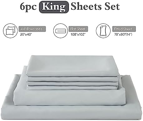 ILAVANDE King Size Sheets Set 6 Piece,Hotel Luxury Super Soft 1800 Series Microfiber Grey Bed Sheets King Set-Wrinkle Free & Breathable-14 Deep Pocket Sheets for King Size Bed(King,Light Grey)