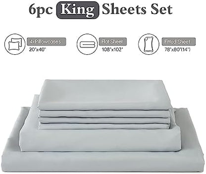 ILAVANDE King Size Sheets Set 6 Piece,Hotel Luxury Super Soft 1800 Series Microfiber Grey Bed Sheets King Set-Wrinkle Free & Breathable-14 Deep Pocket Sheets for King Size Bed(King,Light Grey)