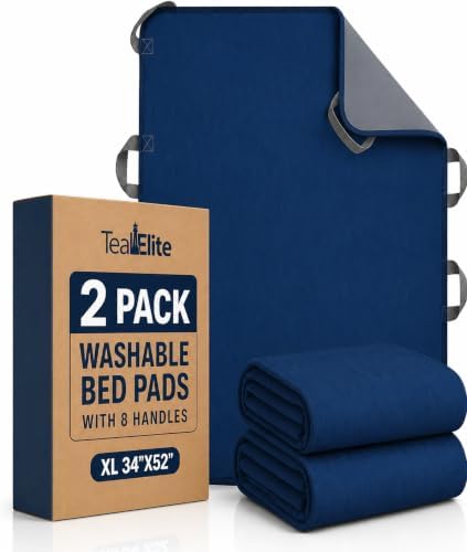 Washable Positioning Bed Pad with 8 Reinforced Handles – 34"x52" Waterproof, Quick-Dry, Absorbent Underpad for Elderly Care, Turning, Lifting & Incontinence Protection (Navy, 34"x52" (2 Pack))