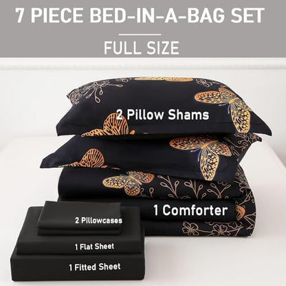 Yogeneg 7 Piece Bed in a Bag Full Size Comforter Set Black Bedding Set,Gold Butterfly Leaves Printed on Black Reversible Design,Soft Microfiber Comforter with Sheet Set,All Season(Butterfly,Full)