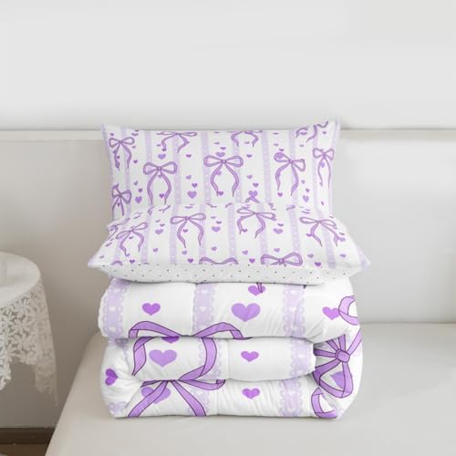 Castle Fairy Purple Bowknot Kids Comforter Set,Dreamy Princess Style Bedding Set All Season,Girls Teens Bedroom Decor,Sweet Heart Print Purple Ribbon Comforter Toddler Size,1 Pillowcase