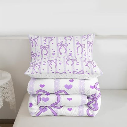 Castle Fairy Purple Bowknot Kids Comforter Set,Dreamy Princess Style Bedding Set All Season,Girls Teens Bedroom Decor,Sweet Heart Print Purple Ribbon Comforter Toddler Size,1 Pillowcase
