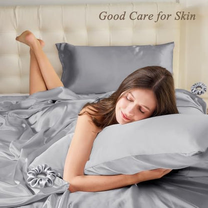 Vielit Queen Satin Pillowcase for Hair 2pc,Similar to Silk Pillow Cases,Easier Care Than Silk Pillowcase,Gifts for Women Men,Grey,20x30 & Envelope Closure and 2 Satin Scrunchies