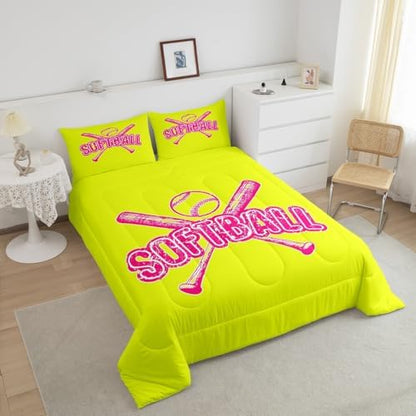 Homewish Teens Softball Comforter Set Queen Size,Ball Games Theme Bedding Set for Kids Boys Girls Bedroom Decoration,Yellow Pink Bed Duvet Insert,Sports Softball Comforter with 2 Pillowcases