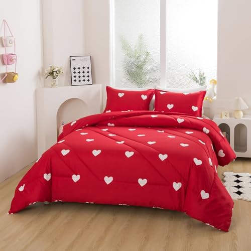 Caressma Love Comforter Set Full Size - Cute White Heart Print Red Bedding Comforter 3 Pieces Matching Pillowshams
